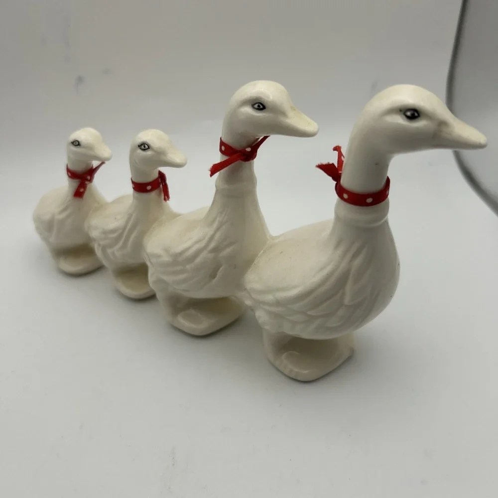 Vintage White Goose Figurines Set of 4 Red Ribbon Collars Farmhouse‎ Decor